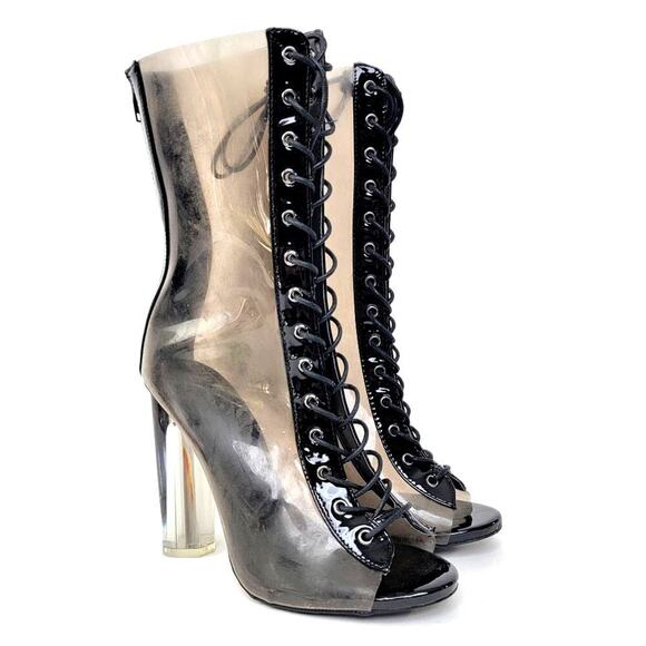 Y2k Wild Diva Clear Chunky Smoke Black Lace Up Heel Boots - 7.5 - Picture 3 of 12